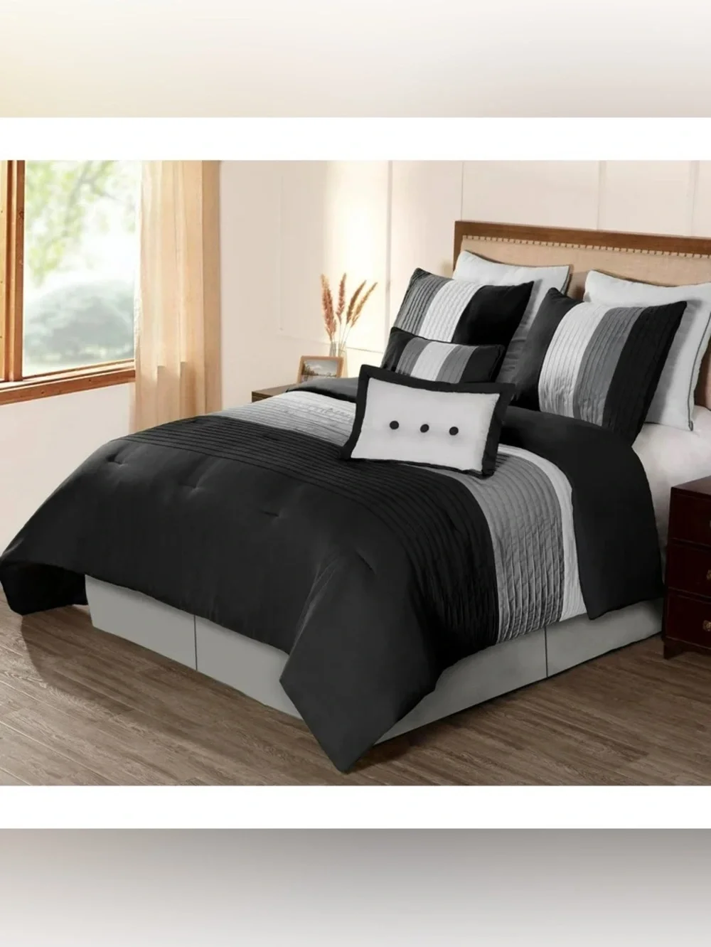 Black and Gray Pleated Full 3 piece Comforter Set with Accent Pillow